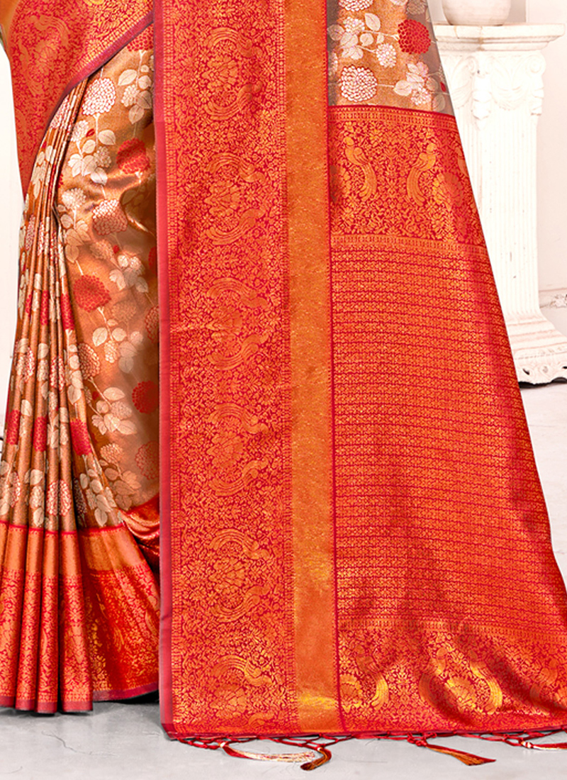 Buy Orange Kanjivaram Silk Weaving Festival Wear Saree Online From Surat Wholesale Shop 6186